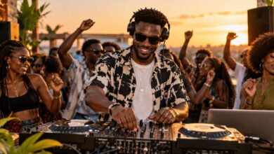 People dancing at an outdoor music gathering at sunset