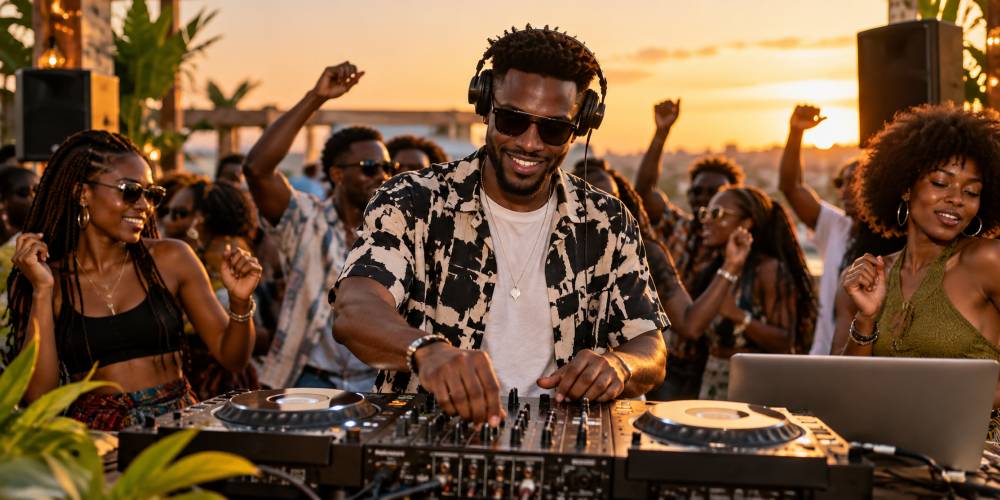 People dancing at an outdoor music gathering at sunset